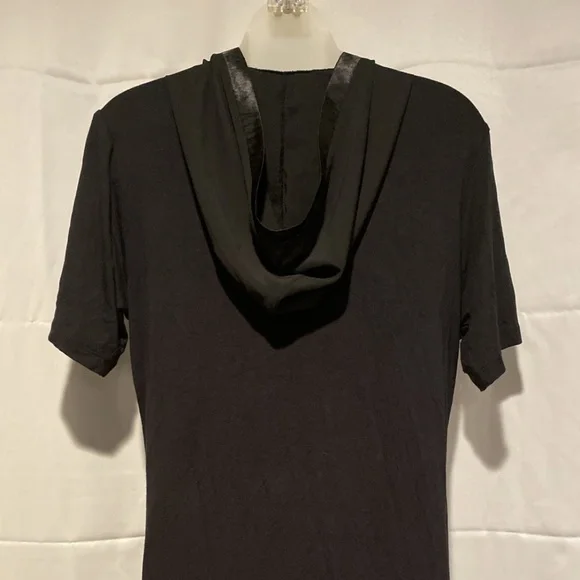 Black Sequin Chiffon Hoodie Zip Front Tunic Handkerchief Hem
